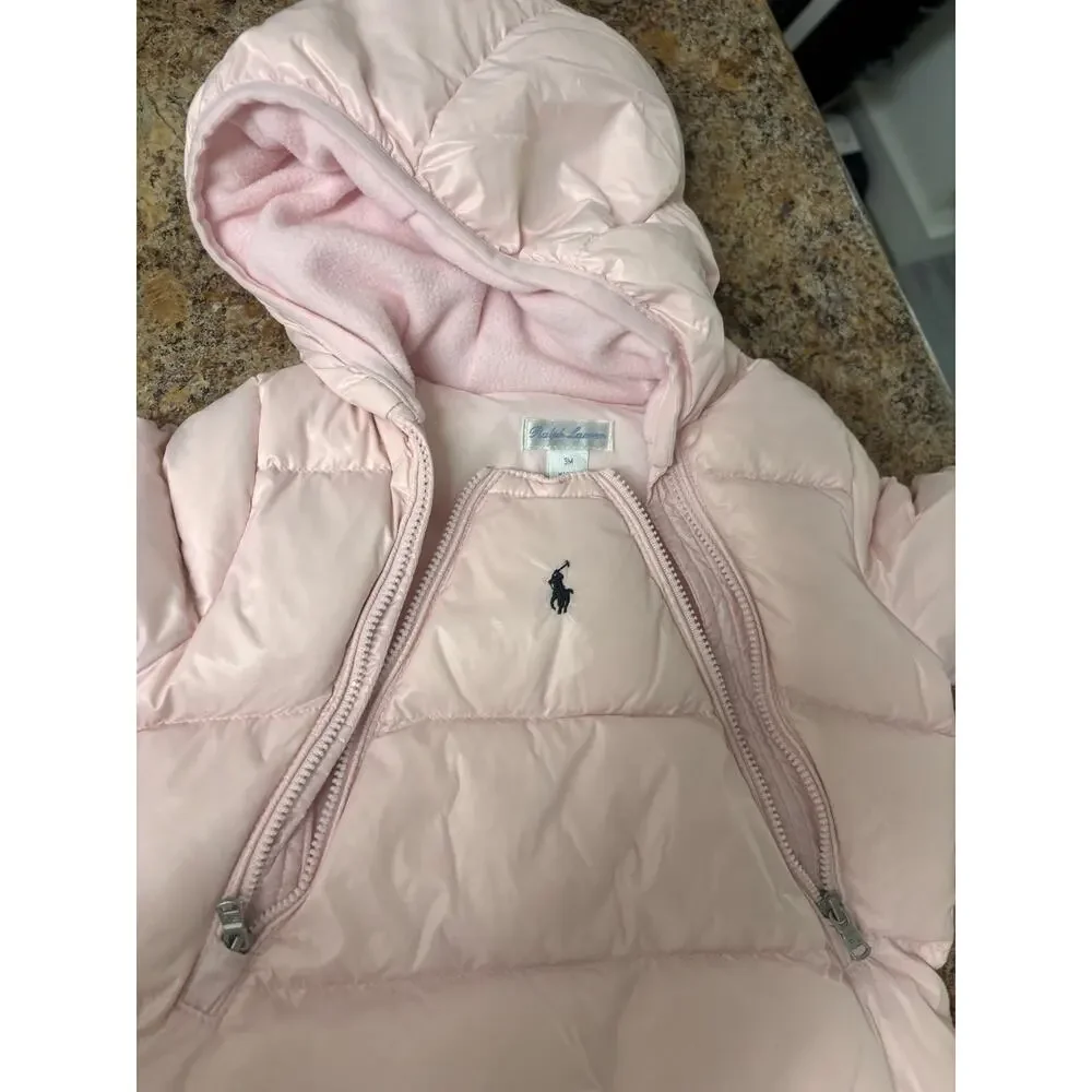 Ralph Lauren Baby Girls Pink Puffer Snowsuit 3M Hooded Footed Bunting